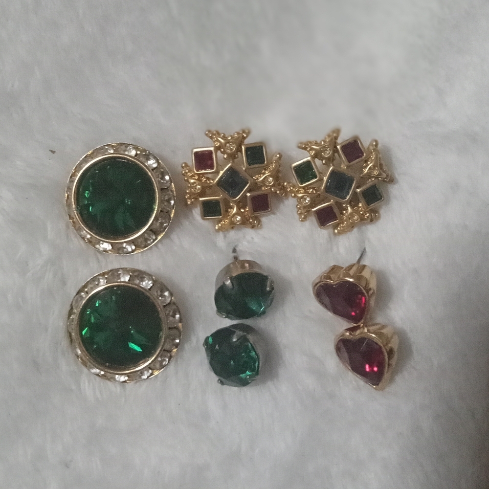 Elegant Gold Tone Post Earrings Featuring Ruby Red & Emerald Green Glass Stones